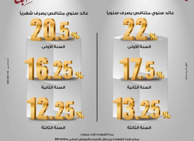 شهادة «ابن مصر» من بنك مصر… عائد متناقص يصل إلى 22% في السنة الأولى ودوريات صرف متنوعة لمدة 3 سنوات