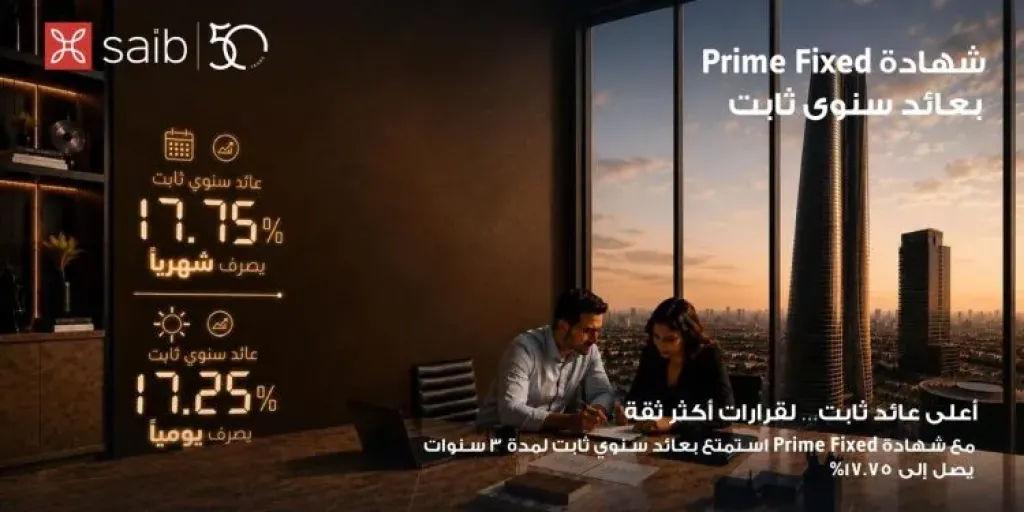 بنك saib يرفع العائد السنوي على شهادة «Prime Fixed» الثابتة إلى 17.75% يصرف شهرياً