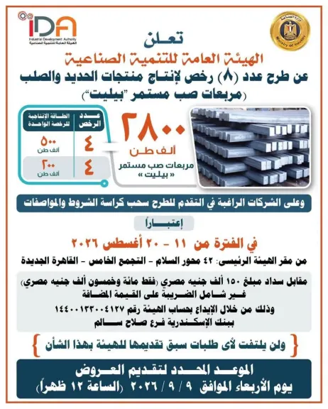 التنمية الصناعية تطرح 8 رخص جديدة لإنتاج مربعات الصب المستمر ”بيليت” بطاقة إجمالية 2.8 مليون طن سنويًا