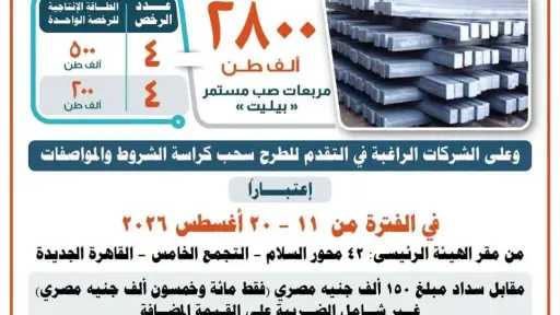 التنمية الصناعية تطرح 8 رخص جديدة لإنتاج مربعات الصب المستمر ”بيليت” بطاقة إجمالية 2.8 مليون طن سنويًا